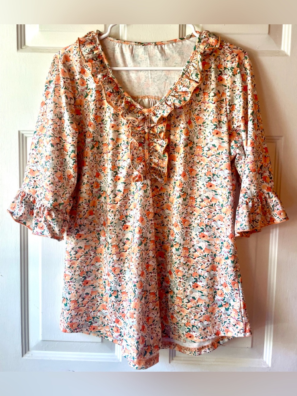 Ivicoer Orange Green Beige Floral Ruffle Neck Half Sleeve Pullover Blouse Large